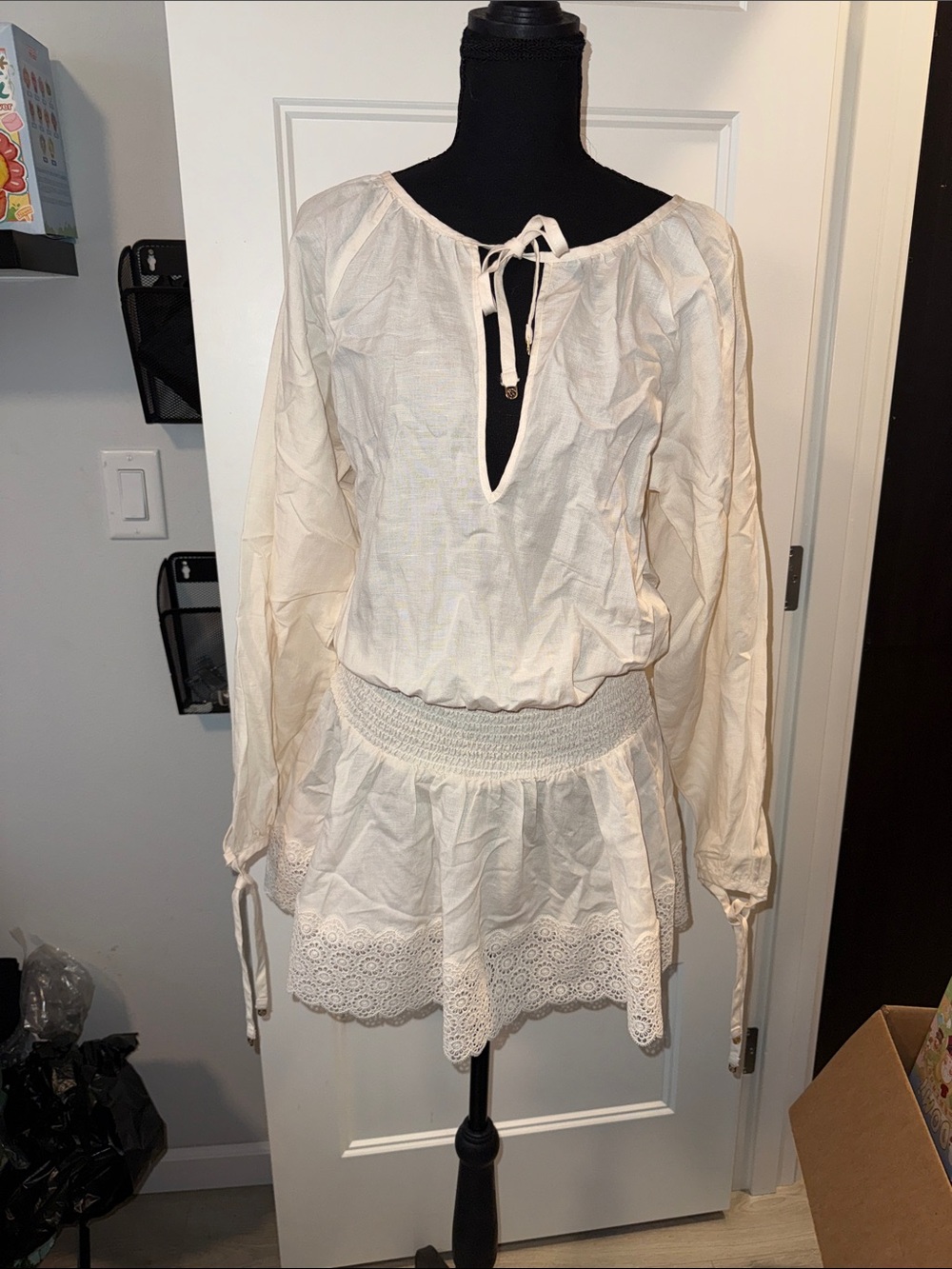 NWT Victoria's Secret Swim Cream Peasant Beach Cover with Eyelet Hem S